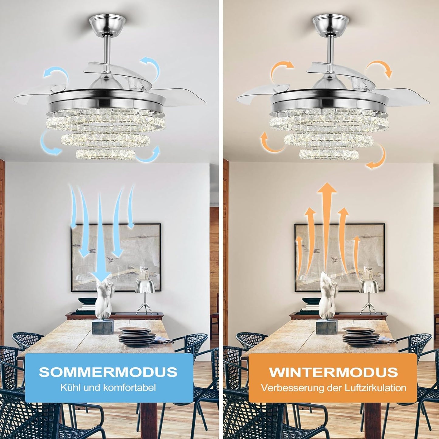 3 Ring Crystal Ventilator Lamp - Met Afstandsbediening - Stille Ventilator - 106 cm - Chroom - Timer - Woonkamerlamp Ventilator - Moderne Plafond Ventilator Lamp - Kroonluchter Ventilator