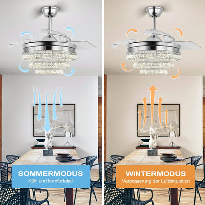 3 Ring Crystal Ventilator Lamp - Met Afstandsbediening - Stille Ventilator - 106 cm - Chroom - Timer - Woonkamerlamp Ventilator - Moderne Plafond Ventilator Lamp - Kroonluchter Ventilator