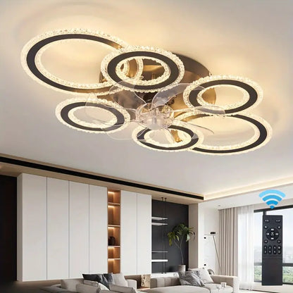 6 Ringen Kristallen Plafondventilator - Zwart - 6 Snelheden - Smart lamp - Dimbaar Met Afstandsbediening & APP - Moderne Cirkel Ventilator Licht - Crystal Kroonluchter Ventilator