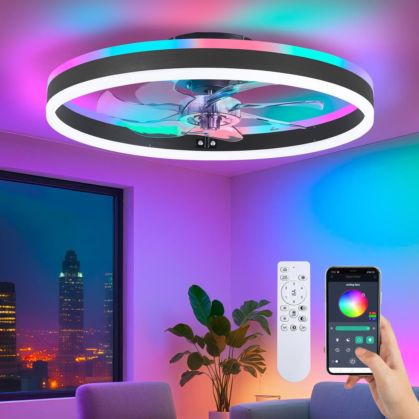 LuxiLamps - Plafondventilator Lamp - RGB - Smart Lamp - 6 Standen - Dimbaar - Kroonluchter Ventilator - Chandelier Fan - Woonkamer Lamp - Ventilator Lampen - Stille Motor
