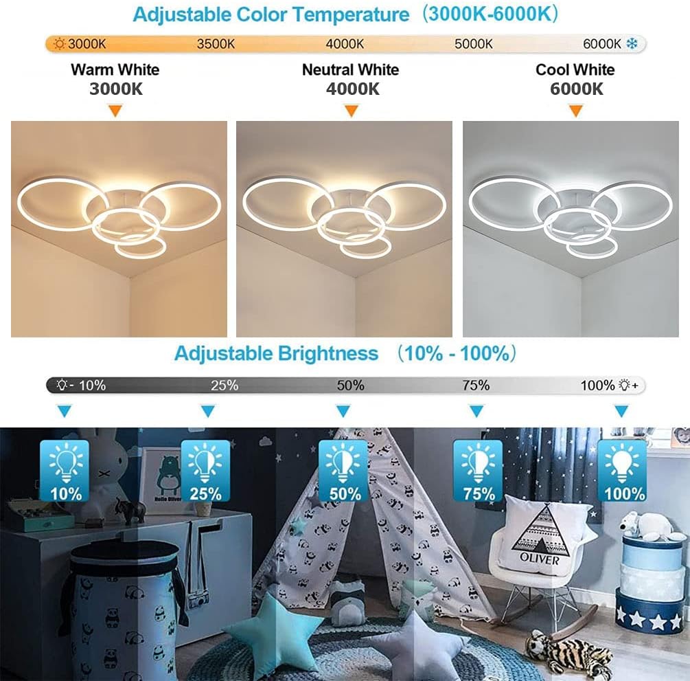 Led Plafondlamp - 5 Ringen - Dimbaar met Afstandsbediening - 108 Watt - Modern Design - Wit - Plafonniere - Modern - Woonkamer - Eettafel - Keuken - Slaapkamer