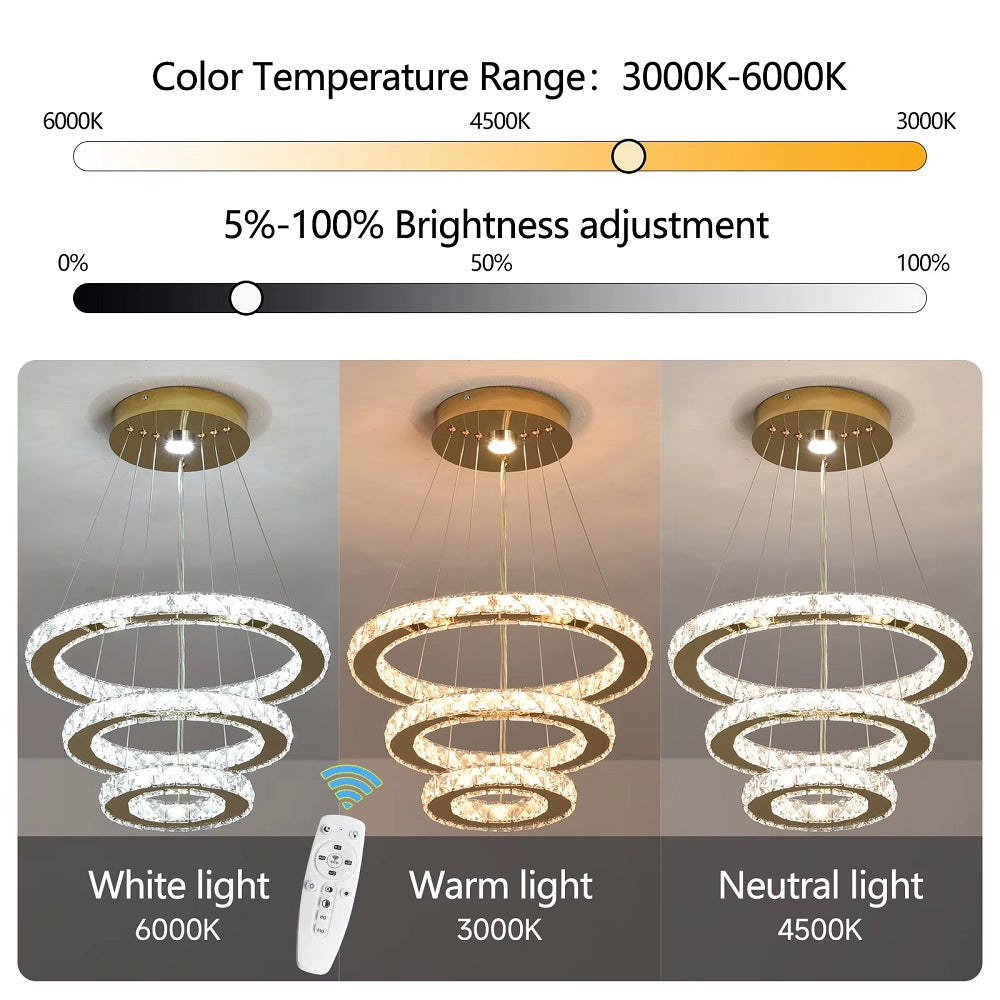 Luxe Kristallen Kroonluchter - Goud - Eettafel Hanglamp - Woonkamerlamp - 3 Ringen - 40 30 20 cm