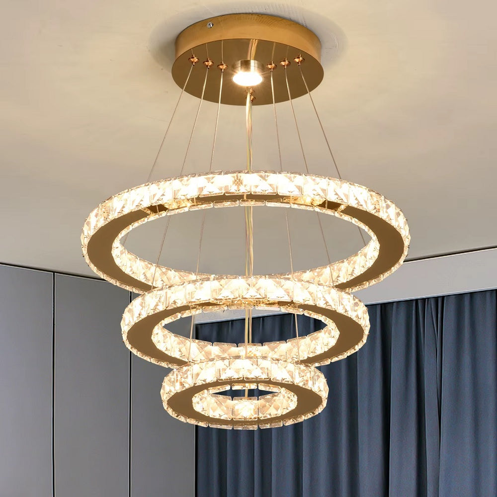 Luxe Kristallen Kroonluchter - Goud - Eettafel Hanglamp - Woonkamerlamp - 3 Ringen - 40 30 20 cm