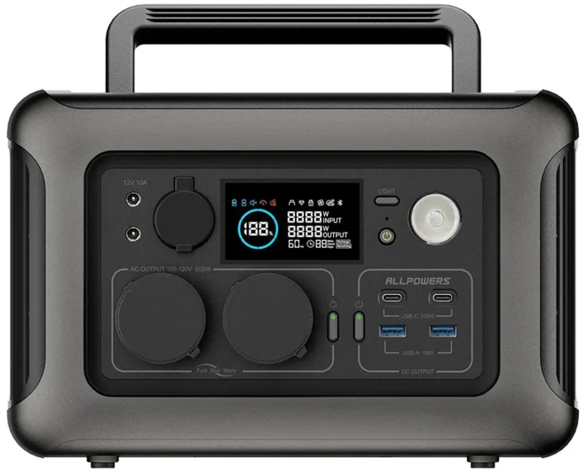Allpowers® - R600 Powerstation + 200W Zonnepaneel Set - 600W Draagbare Accu - 299Wh LFP Batterij - 10 Apparaten Gelijktijdig Opladen - 220V Zuivere Sinus AC-uitgang - Inclusief Opvouwbaar Zonnepaneel