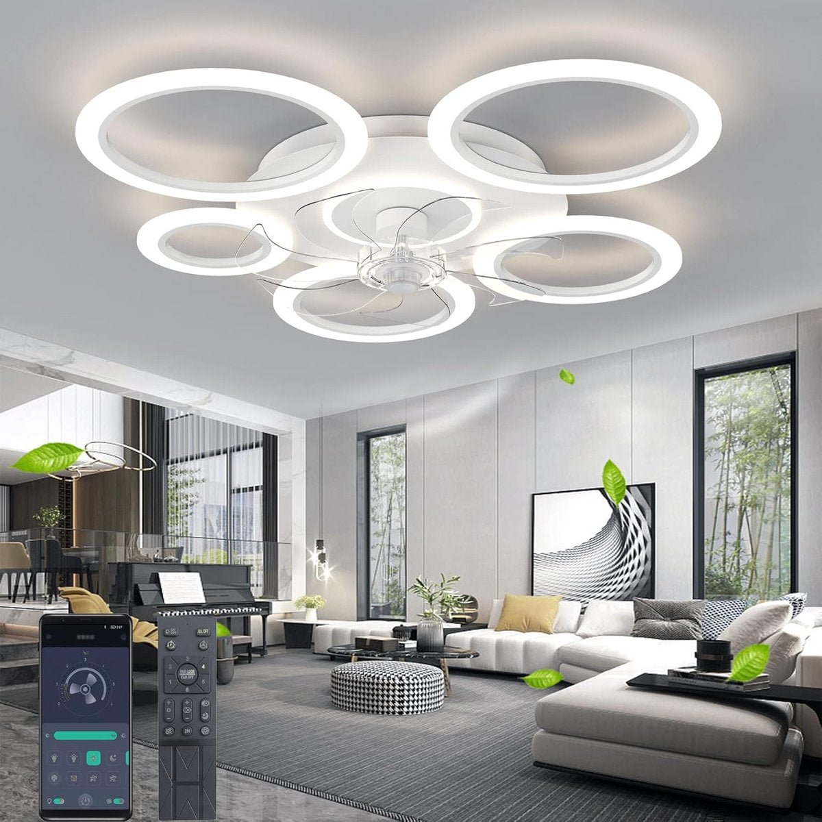 6 Ringen Plafondventilator - Wit - 6 Snelheden - Dimbaar Met Afstandsbediening en APP - Moderne Cirkel Ventilator Licht