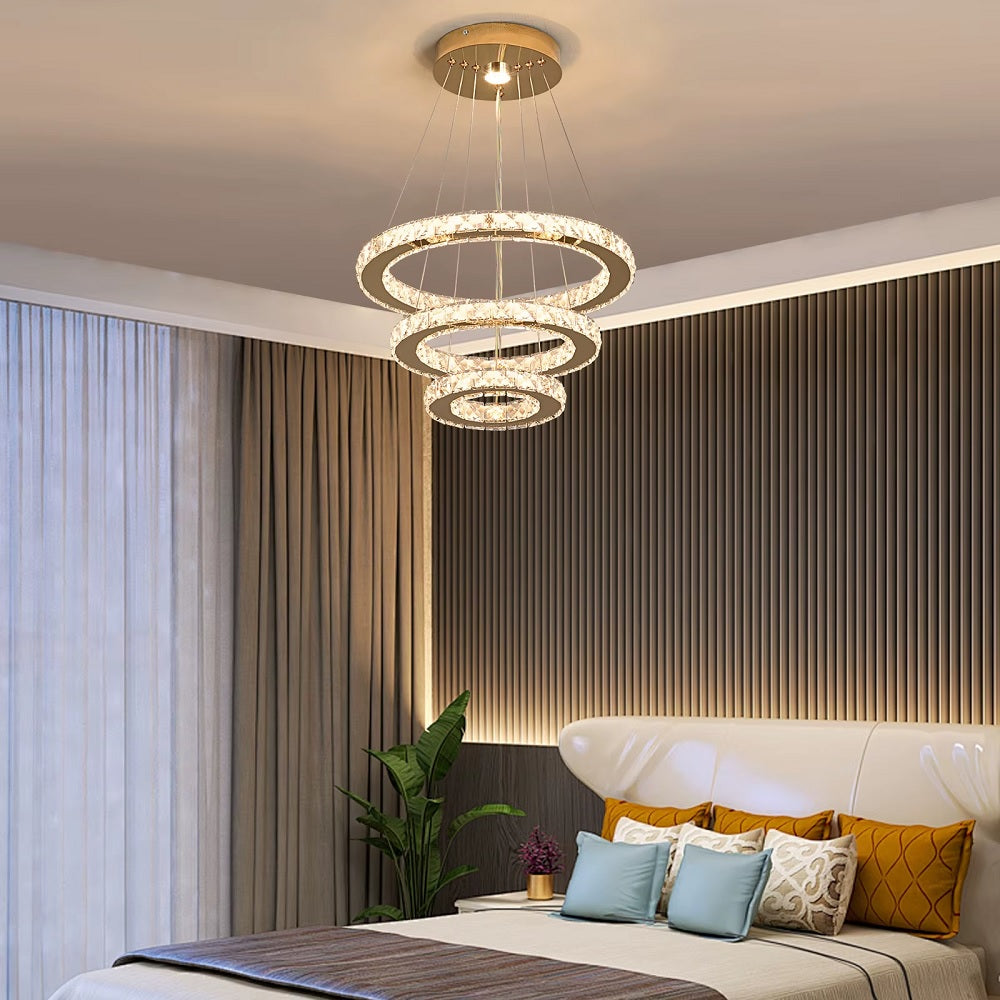 Luxe Kristallen Kroonluchter - Goud - Eettafel Hanglamp - Woonkamerlamp - 3 Ringen - 40 30 20 cm