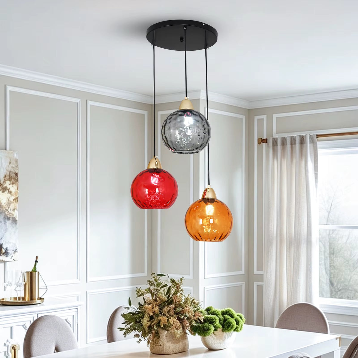 3-bollenhanglamp met gekleurde glazen kappen