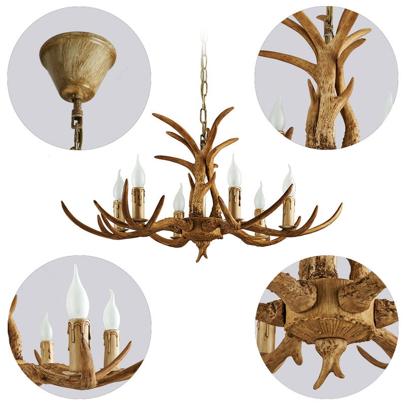 Houten Chandelier - 6 Arm Hout Kroonluchter - Herten Hoorn Stijl - 75 cm - Hanglamp - Woonkamerlamp - Moderne lamp