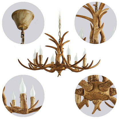 Houten Chandelier - 6 Arm Hout Kroonluchter - Herten Hoorn Stijl - 75 cm - Hanglamp - Woonkamerlamp - Moderne lamp