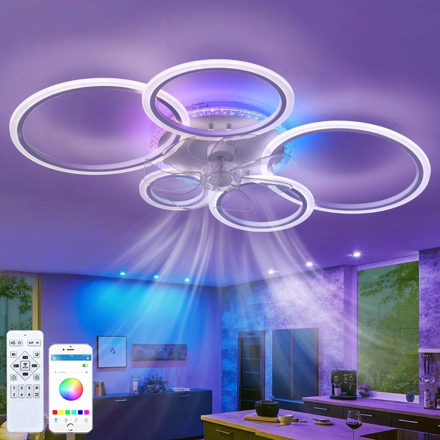 LuxiLamps - 5 Ringen Plafondventilator - RGB - 6 Snelheden - Dimbaar Met Afstandsbediening - 12 Kleuren - Moderne Cirkel Ventilator Licht