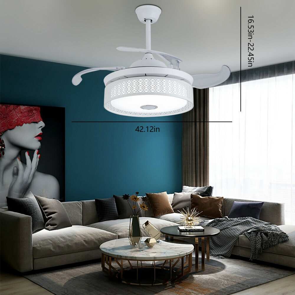 Moderne Smart Lamp Ventilator - Bluetooth - Met Speaker - Dimbaar Met Afstandsbediening - 7 Kleuren - Wit - 106 cm - Plafondventilator - Inklapbare Ventilator Lamp