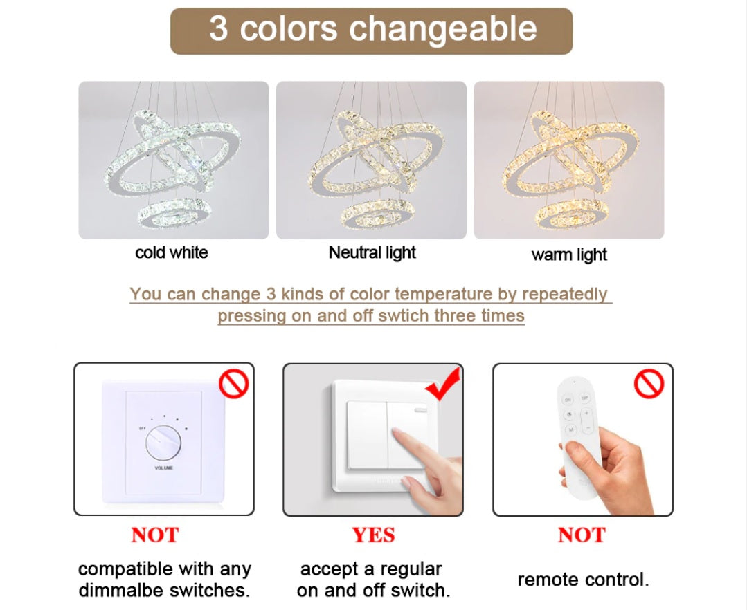 Kristallen Kroonluchter - Crystal Led Hanglamp - 3 Ring Hanglamp - Woonkamerlamp - Met Afstandsbediening - Moderne lamp - Hanglamp