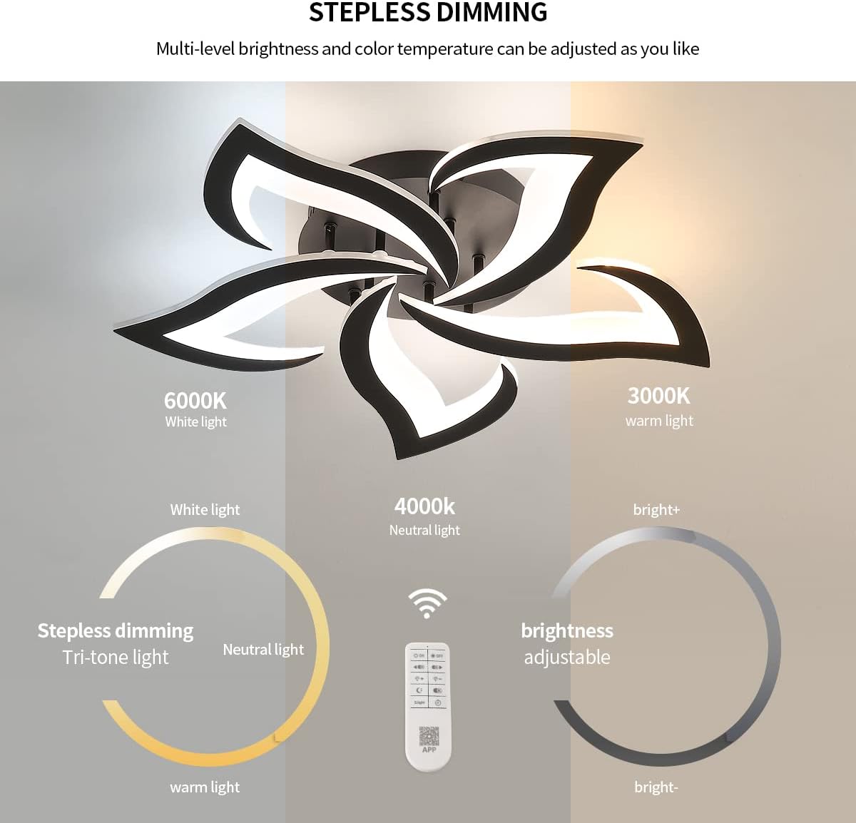 5 Sterren Plafondlamp Zwart - Met Afstandsbediening - Smart lamp - Dimbaar Met App - Woonkamerlamp - Moderne lamp - Plafoniere