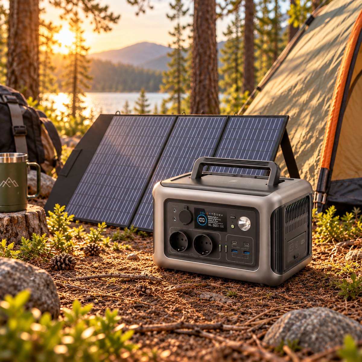 Zonnepaneel met omvormer - Inclusief accu - Camper - Vakantie - Boot - 100Watt paneel - 600W AC - Zonnepaneel inklapbaar