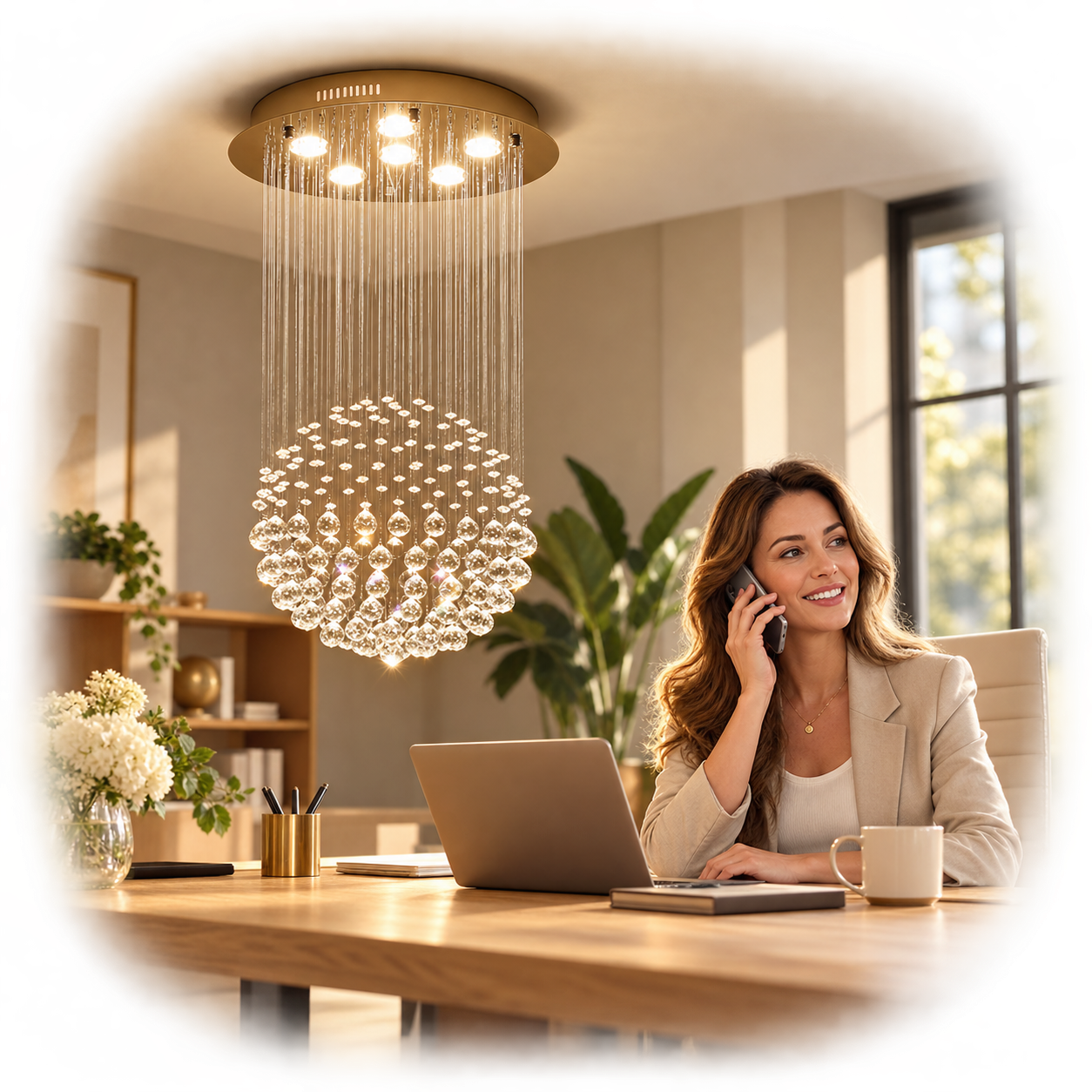 Kristallen hanglamp boven een werktafel