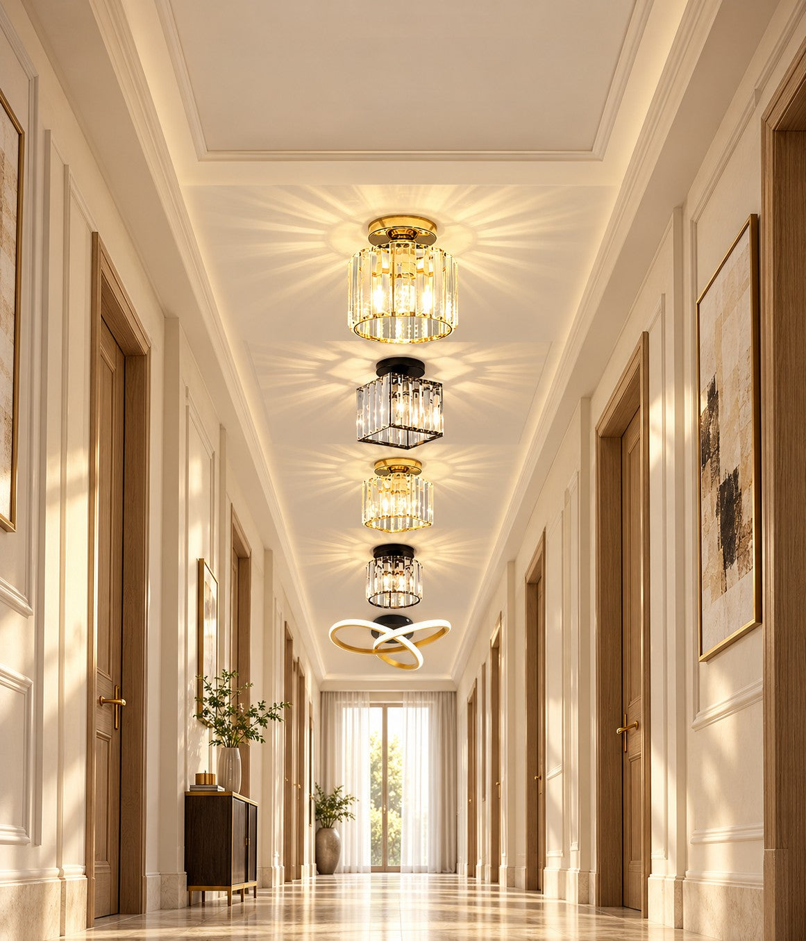 Five ceiling lights in a hallway