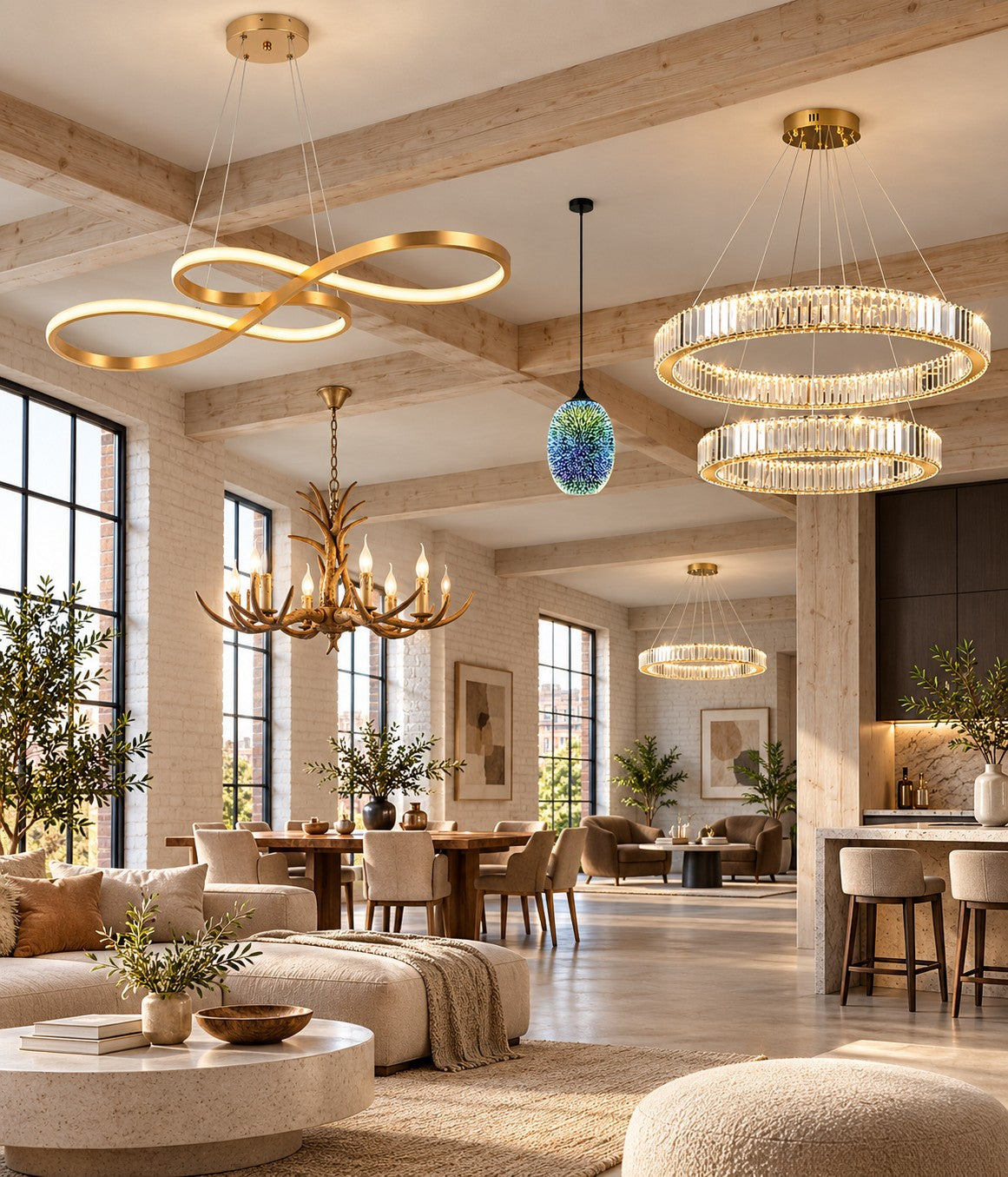 Five pendant lights in a loft