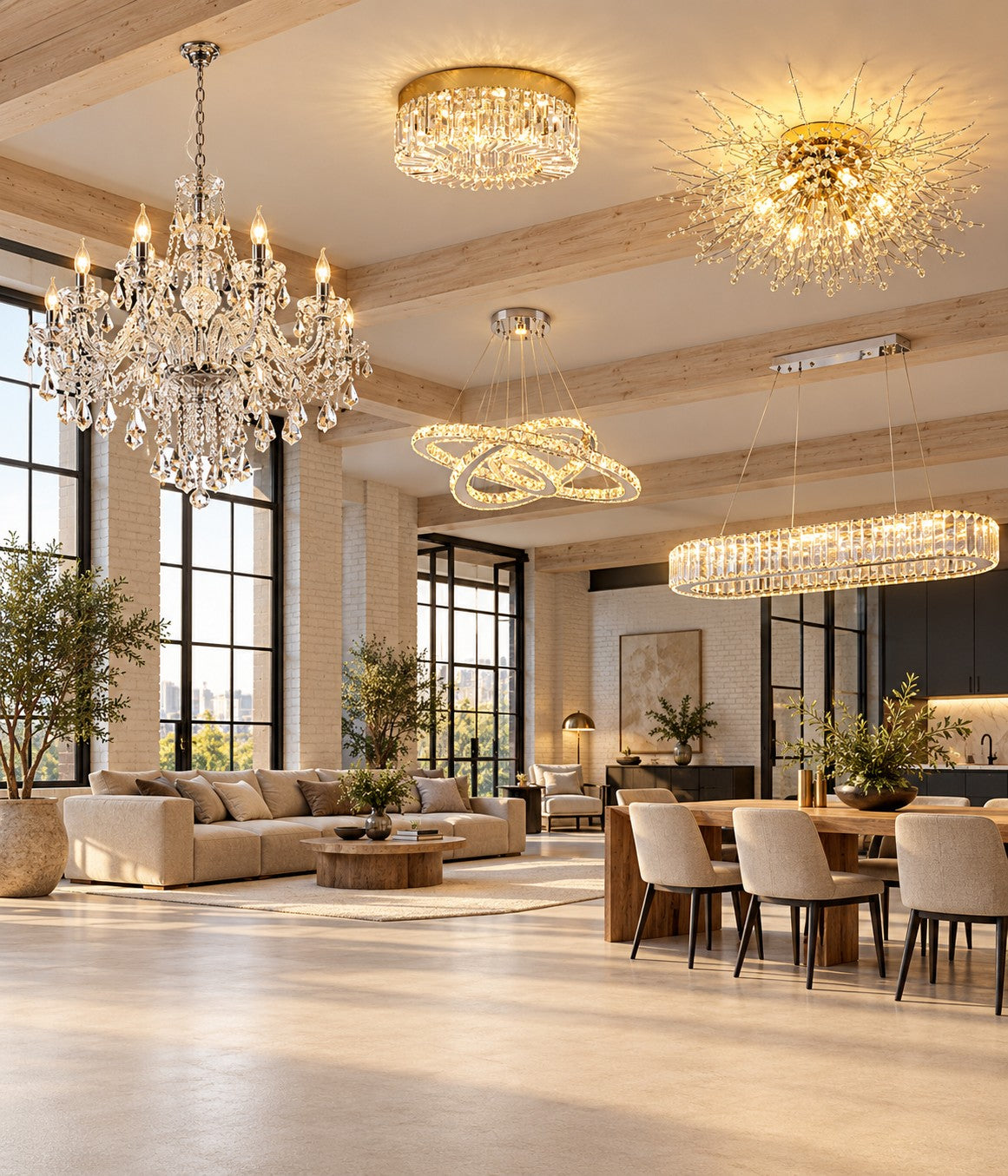 Five chandeliers in a loft