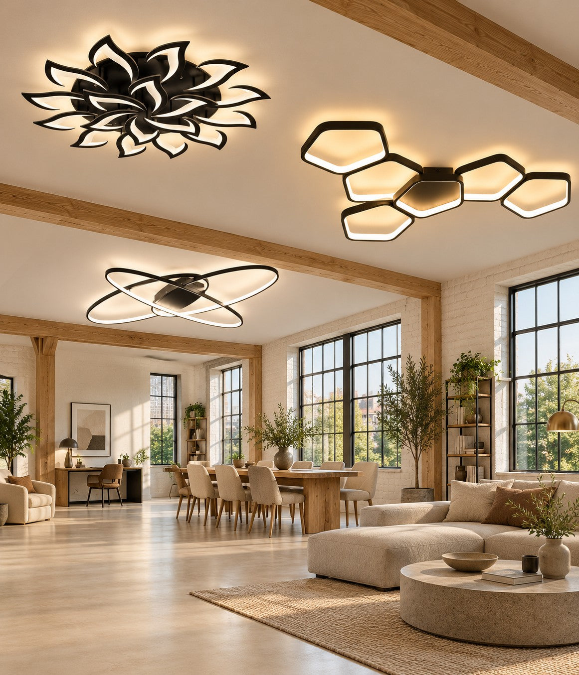 Three ceiling lights in a loft